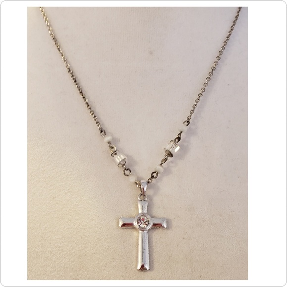Silver Cross With Rhinestone on 18” Silver Chain - Picture 2 of 5